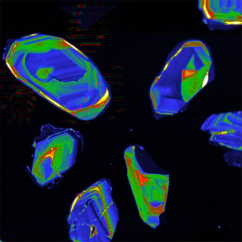 PMT intensity image of zircon grains. Samples courtesy of Prof. Jens Jahren, University of Oslo