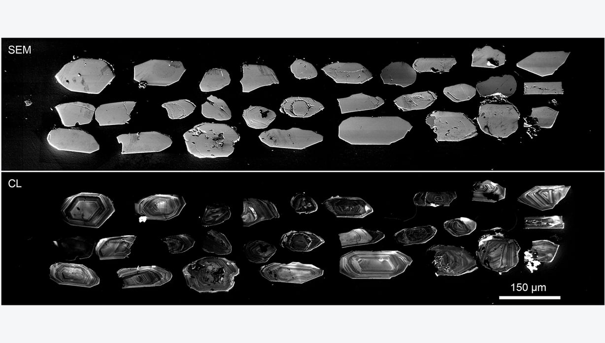 SEM and panchromatic CL image for a set of zircon crystals