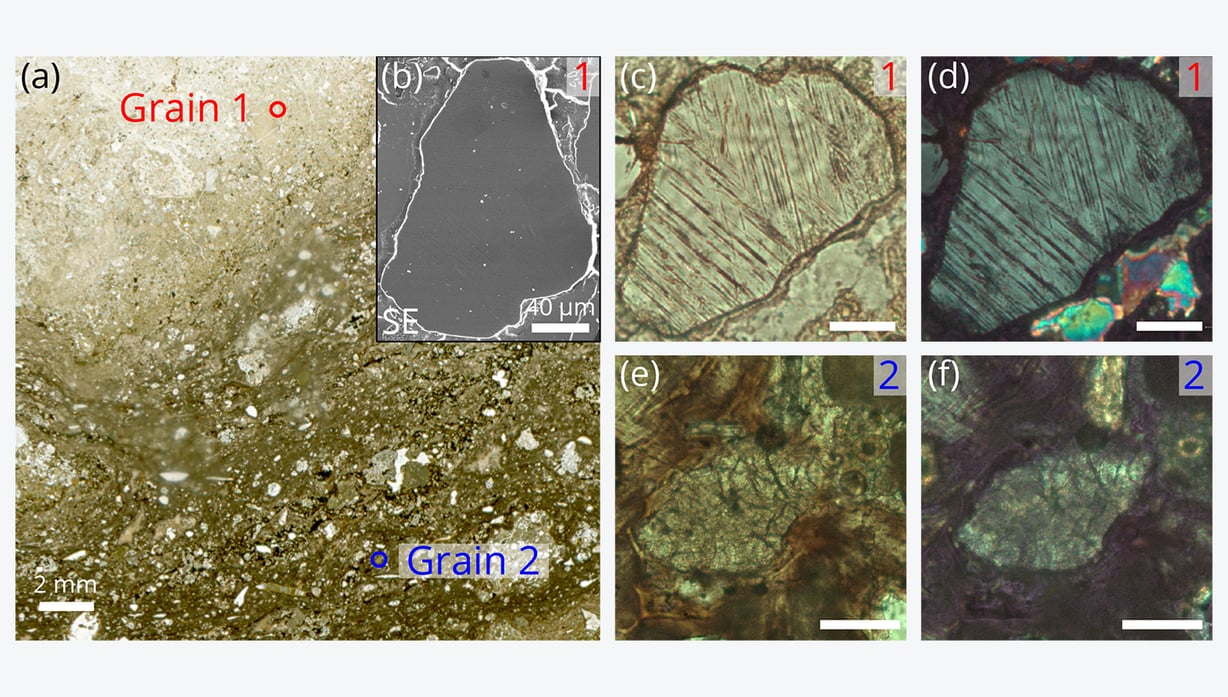 Optical and SEM images of shocked quartz grains