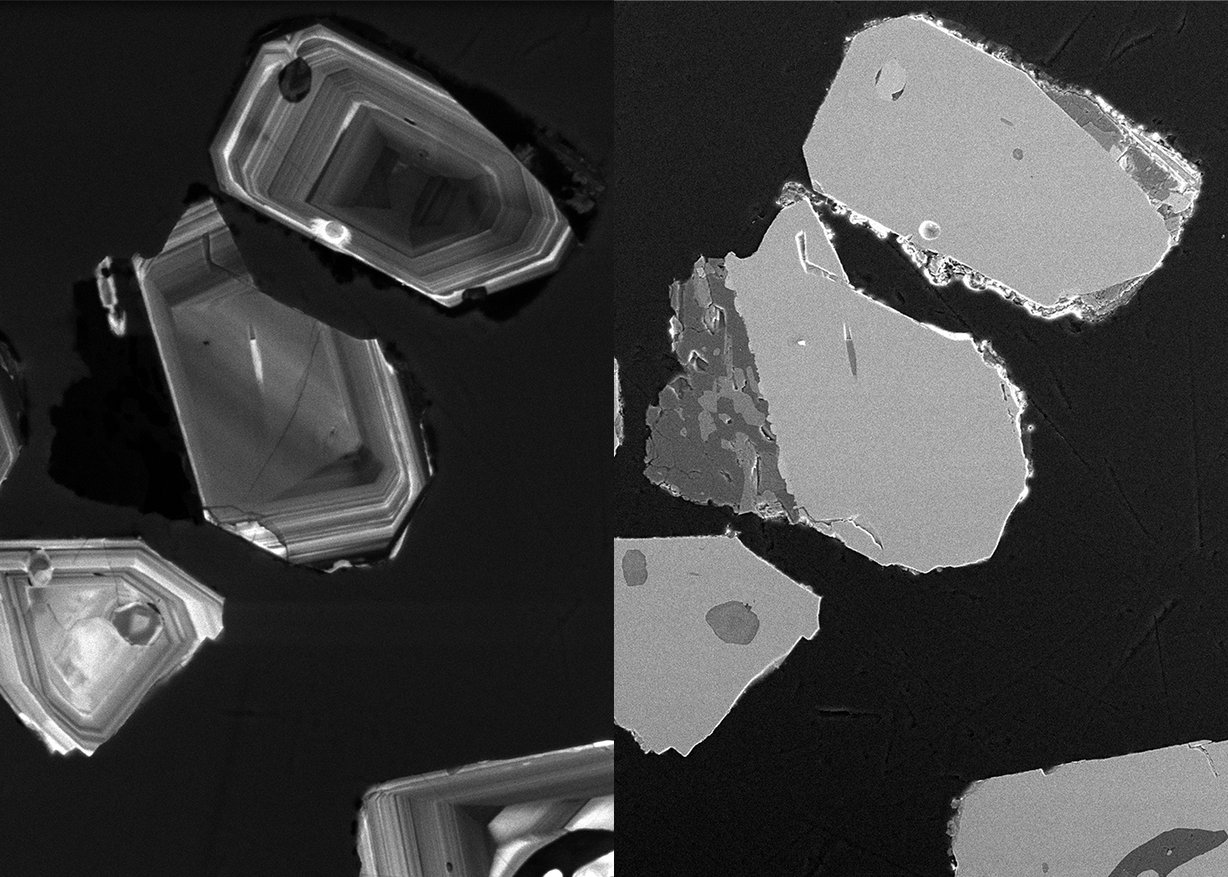 Cathodoluminescence map and SEM map of zircon crystals